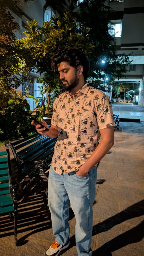 Beige Elephant Print Cotton Shirt