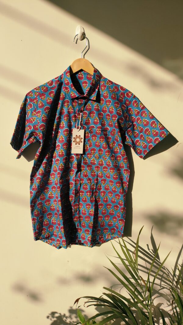 Blue And Pink Buti Print Cotton Shirt 1