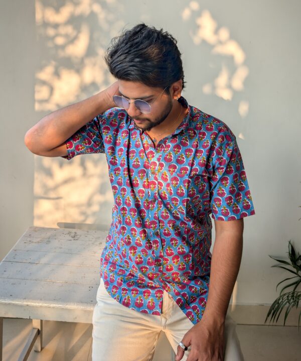 Blue And Pink Buti Print Cotton Shirt