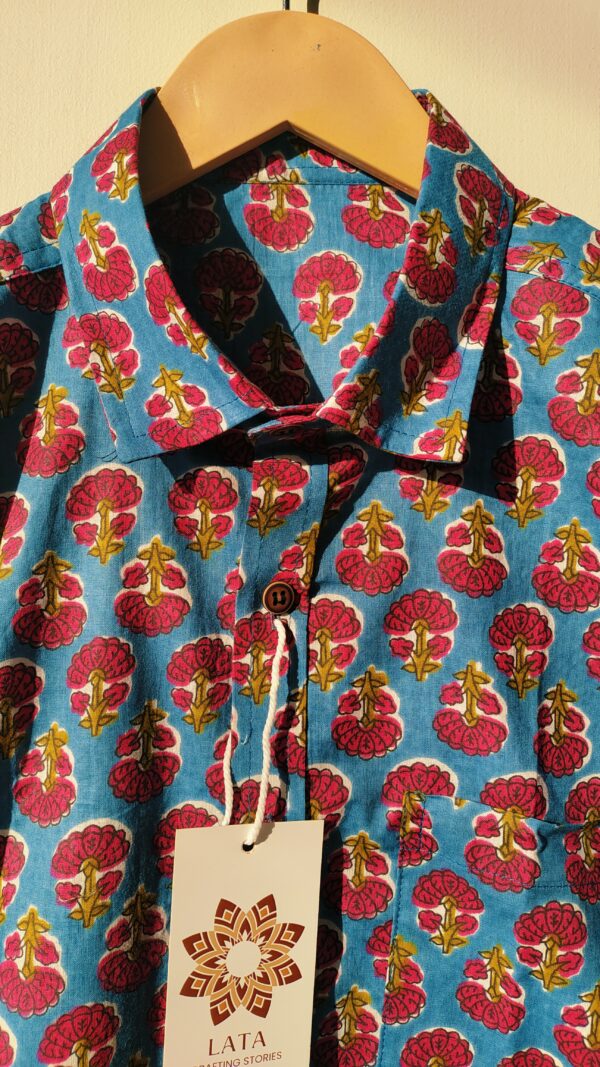 Blue And Pink Buti Print Cotton Shirt 4
