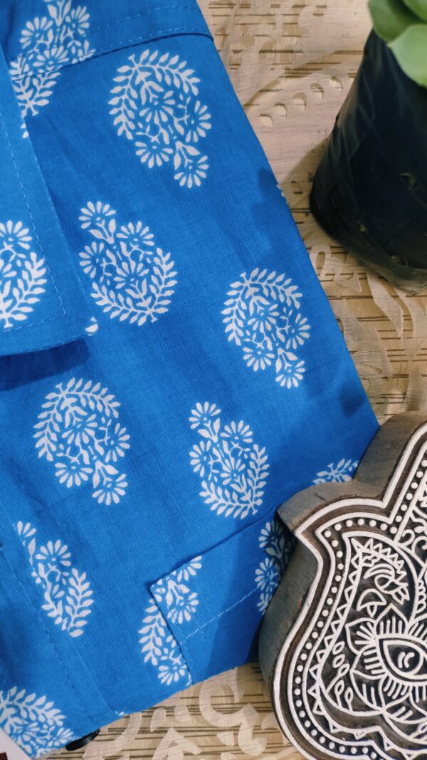 Blue Base With White Buta Motifs Hand-Print Cotton Shirt (2)