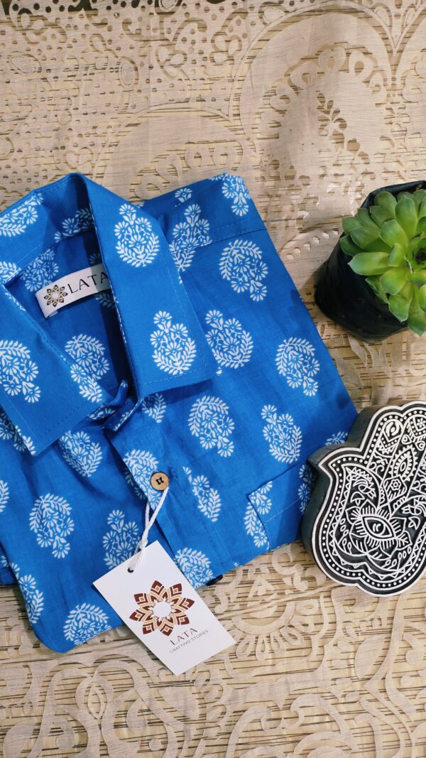 Blue Base With White Buta Motifs Hand-Print Cotton Shirt (3)
