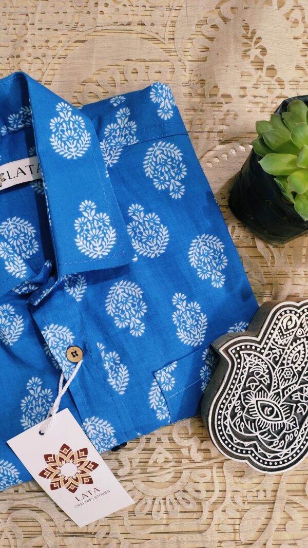 Blue Base With White Buta Motifs Hand-Print Cotton Shirt (4)