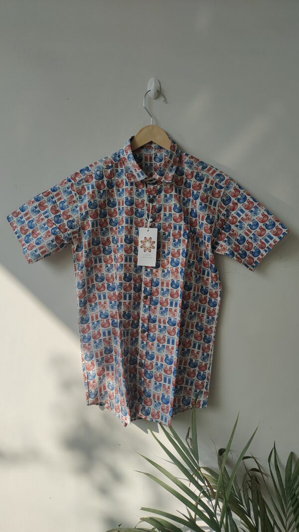 Blue and Red Bird Print Cotton Shirt 1