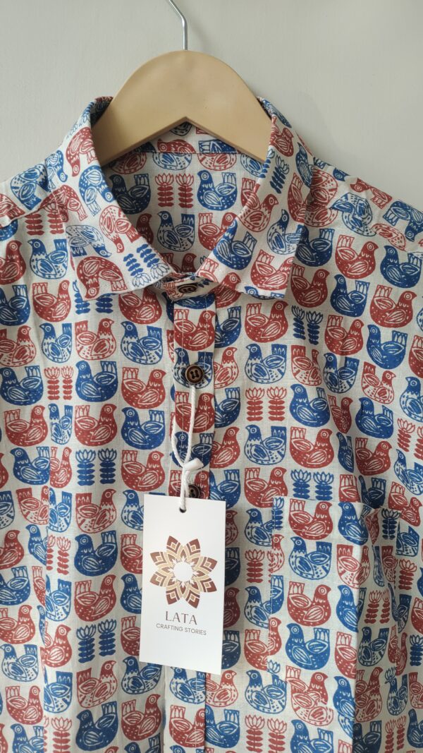 Blue and Red Bird Print Cotton Shirt 3