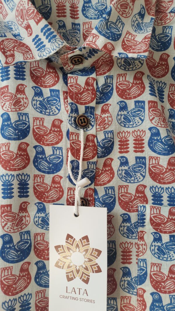 Blue and Red Bird Print Cotton Shirt 4