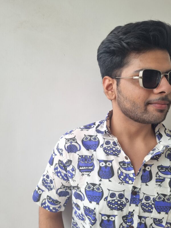 Blue and White Owl Print Cotton Shirt 2