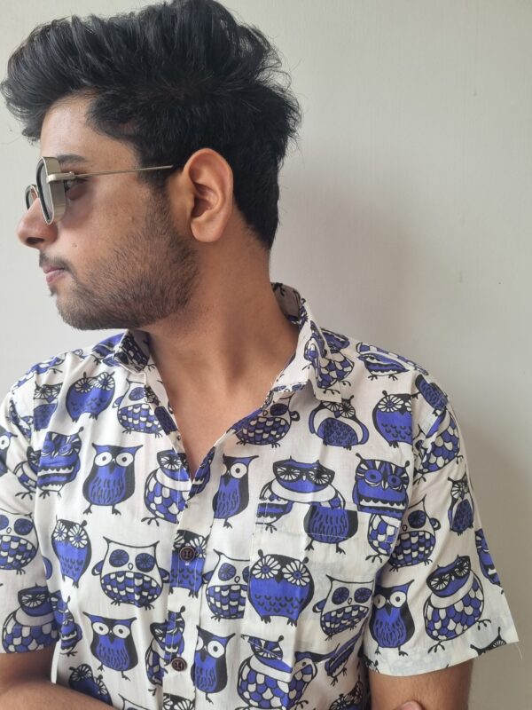 Blue and White Owl Print Cotton Shirt 3