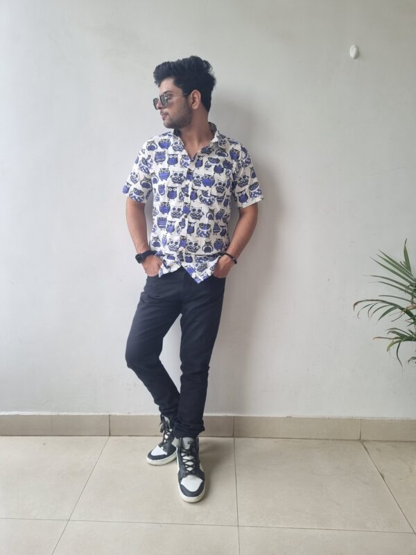Blue and White Owl Print Cotton Shirt 4