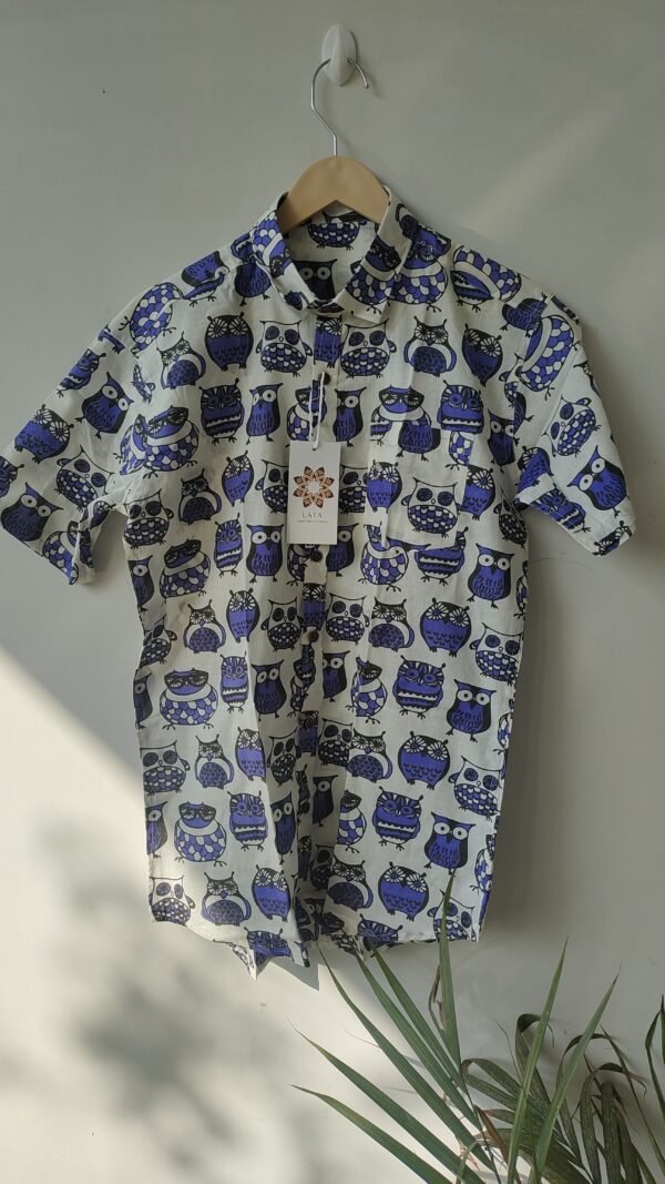 Blue and White Owl Print Cotton Shirt 5