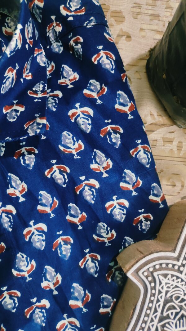 Dark Blue Base With Red Buti Hand-Print Cotton Shirt (2)