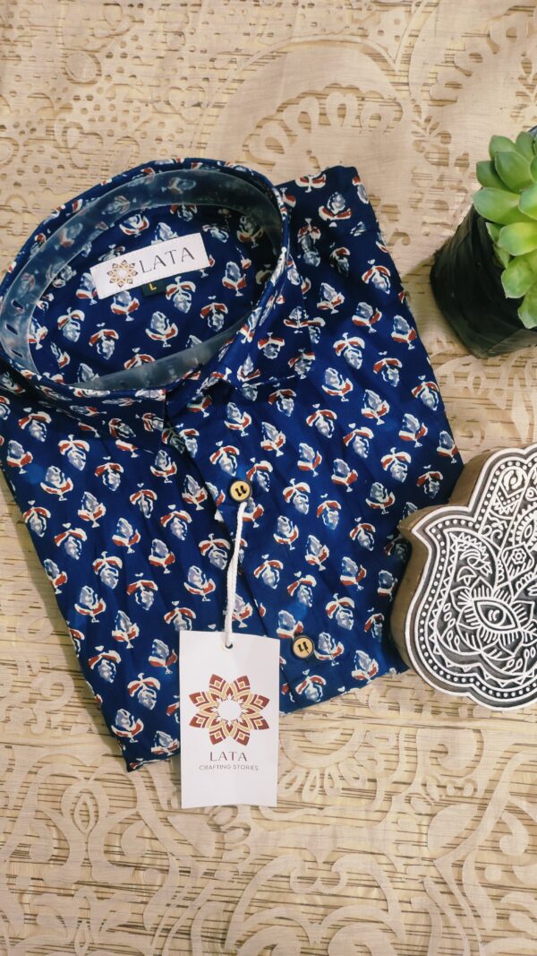 Dark Blue Base With Red Buti Hand-Print Cotton Shirt (4)