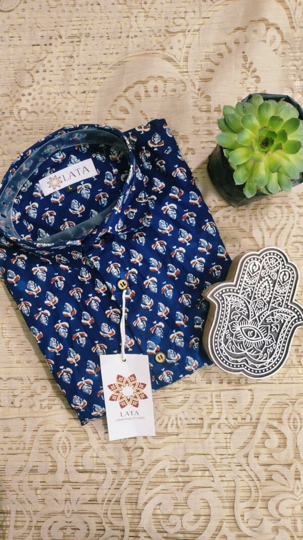 Dark Blue Base With Red Buti Hand-Print Cotton Shirt (5)