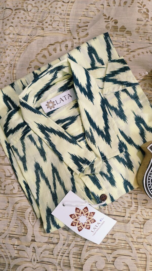 Light Yellow With Black Zigzag Hand-Print Cotton Shirt (3)
