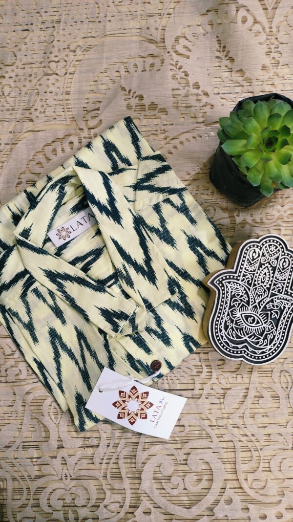 Light Yellow With Black Zigzag Hand-Print Cotton Shirt (4)