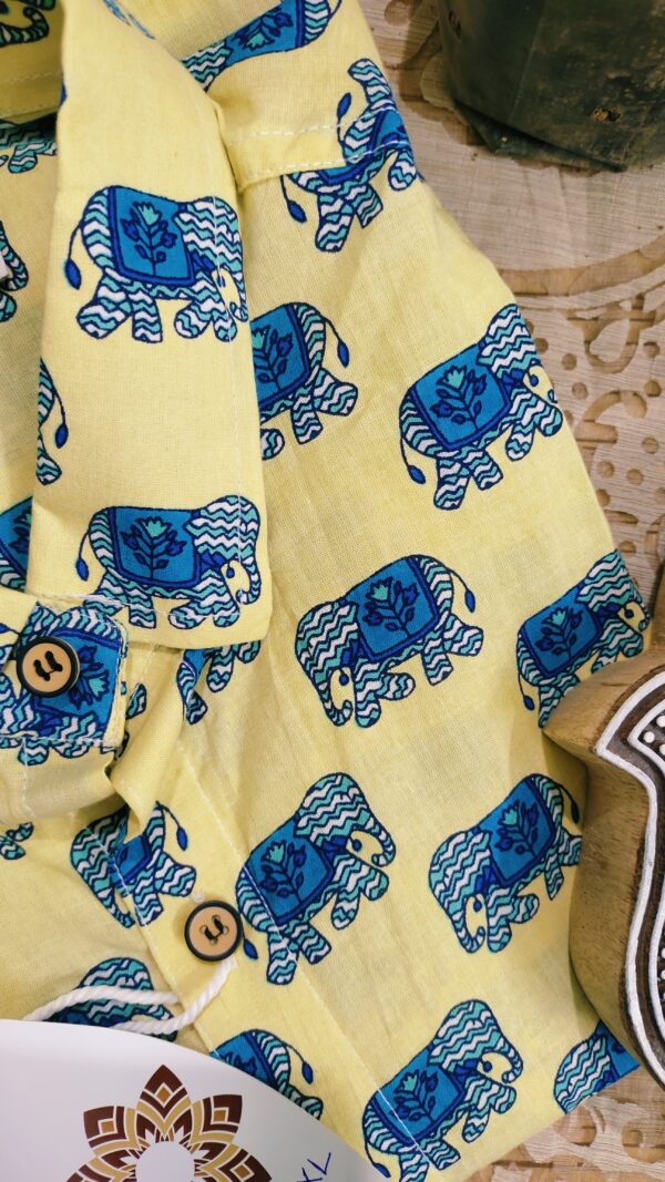 Light Yellow Base Blue Elephant Hand-Print Cotton Shirt (3)