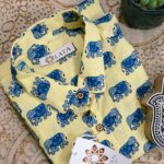 Light Yellow Base Blue Elephant Hand-Print Cotton Shirt (6)