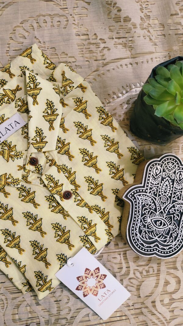 Lime Yellow Base With Yellow Buti Hand-Print Cotton Shirt (3)