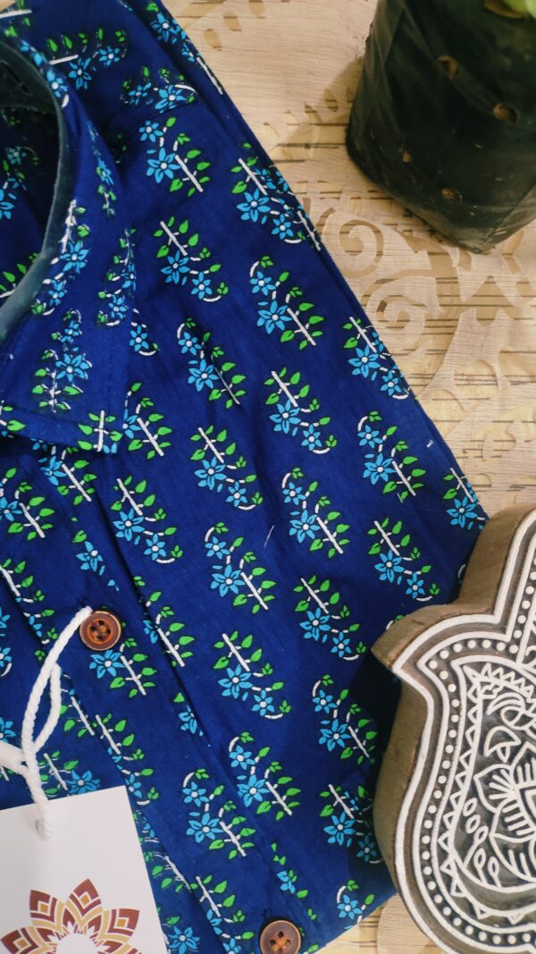 Navy Blue And Blue Buti Hand-Print Cotton Shirt (2)