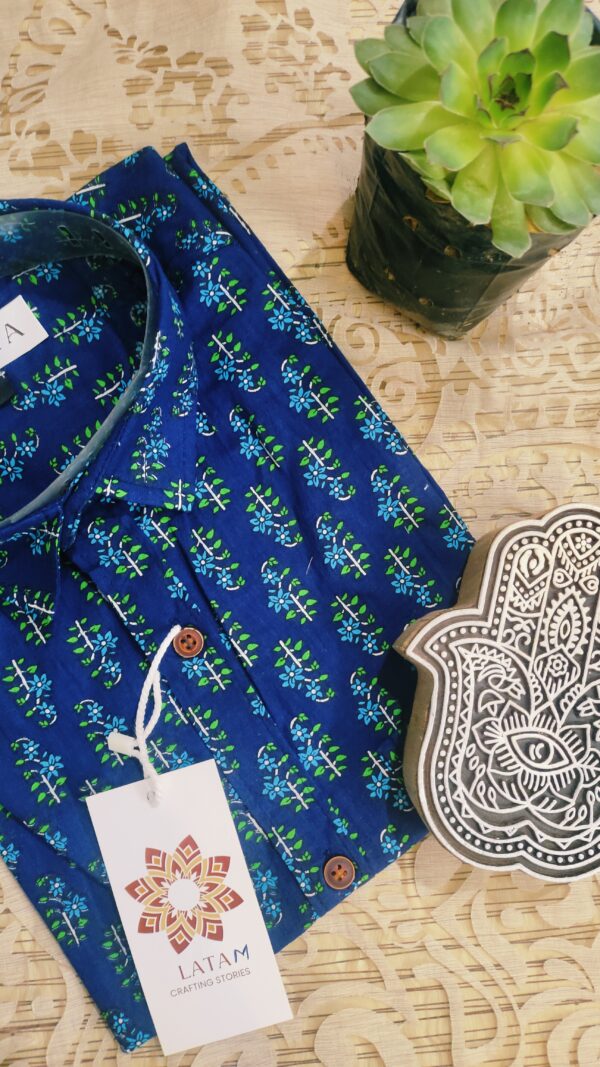 Navy Blue And Blue Buti Hand-Print Cotton Shirt (3)