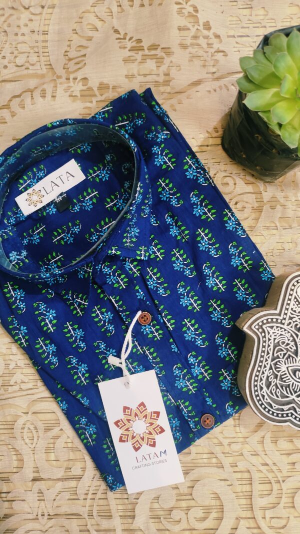 Navy Blue And Blue Buti Hand-Print Cotton Shirt (4)
