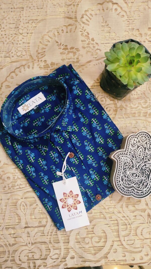 Navy Blue And Blue Buti Hand-Print Cotton Shirt (5)