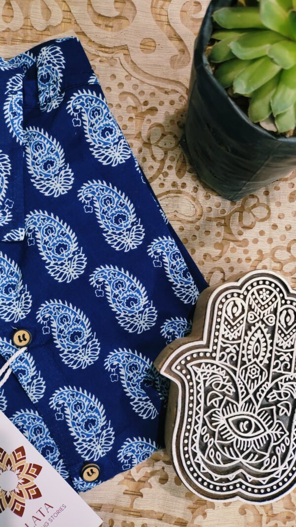 Navy Blue Base With White Motif Hand-Print Cotton Shirt (2)