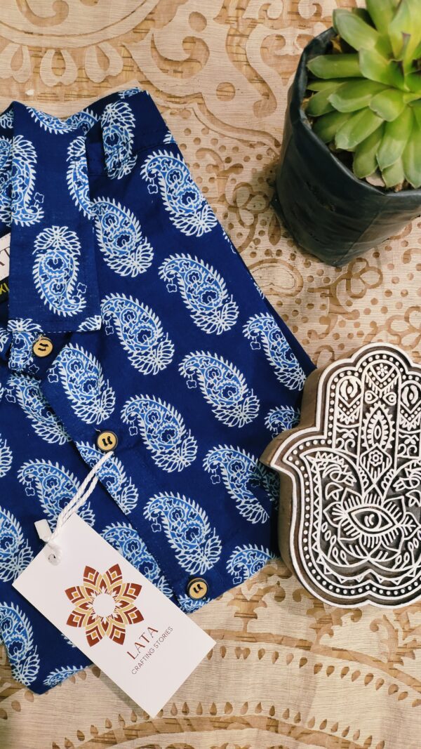 Navy Blue Base With White Motif Hand-Print Cotton Shirt (3)