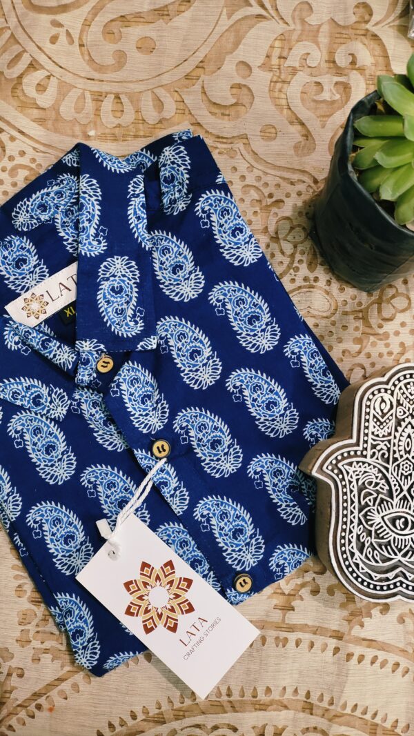 Navy Blue Base With White Motif Hand-Print Cotton Shirt (4)