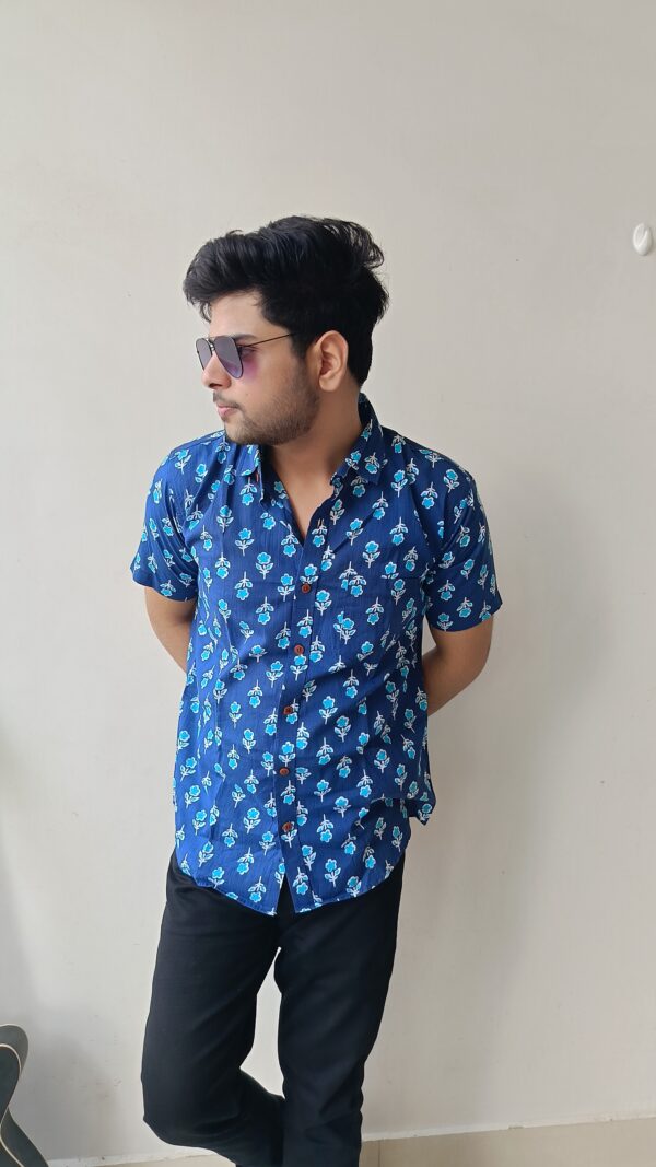Navy Blue Buti Print Cotton Shirt 1