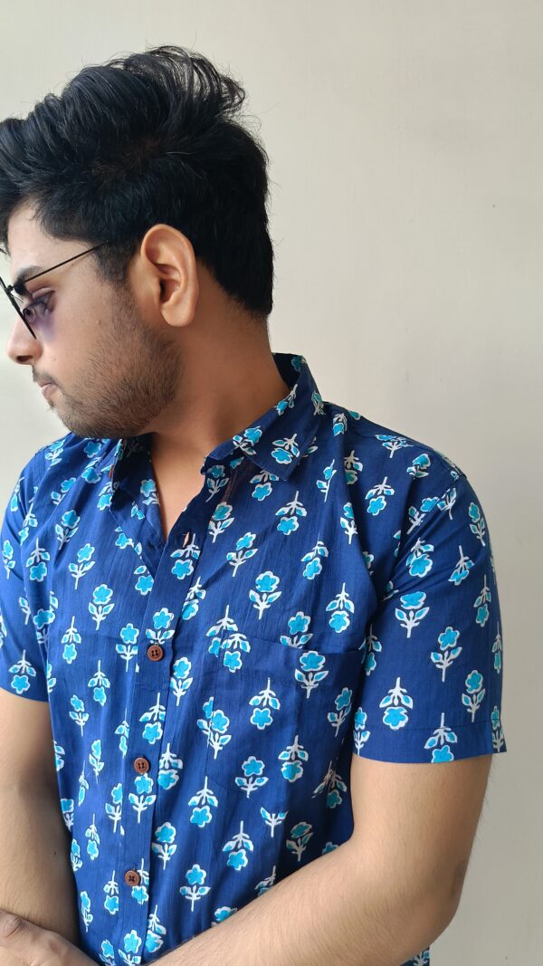 Navy Blue Buti Print Cotton Shirt 2