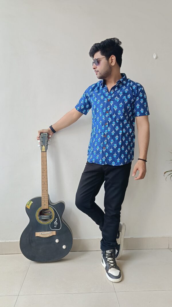 Navy Blue Buti Print Cotton Shirt 3