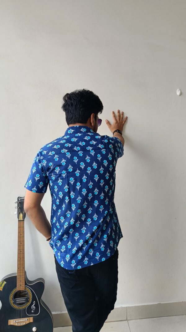 Navy Blue Buti Print Cotton Shirt 4