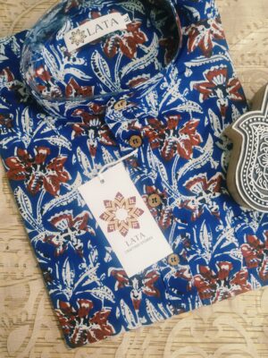 Navy Blue Overall Floral Motif Handprinted Kurta