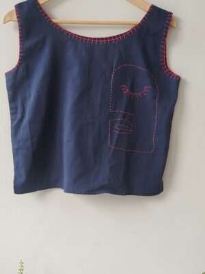 Navy Blue Pink Blanket stitch Kantha Top 1