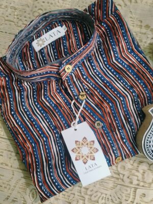 Red Blue And Black Stripes Handprinted Kurta(2)