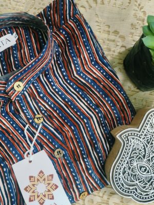 Red Blue And Black Stripes Handprinted Kurta(4)
