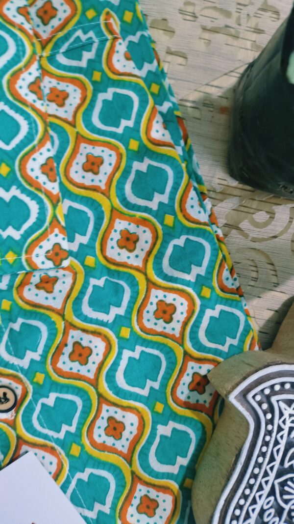 Teal Green Base With Red Yellow Hand-Print Cotton Shirt (2)