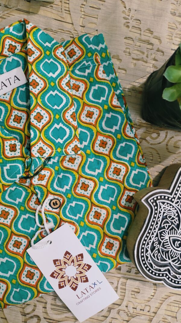 Teal Green Base With Red Yellow Hand-Print Cotton Shirt (3)