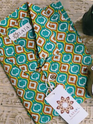 Teal Green Base With Red Yellow Hand-Print Cotton Shirt (4)