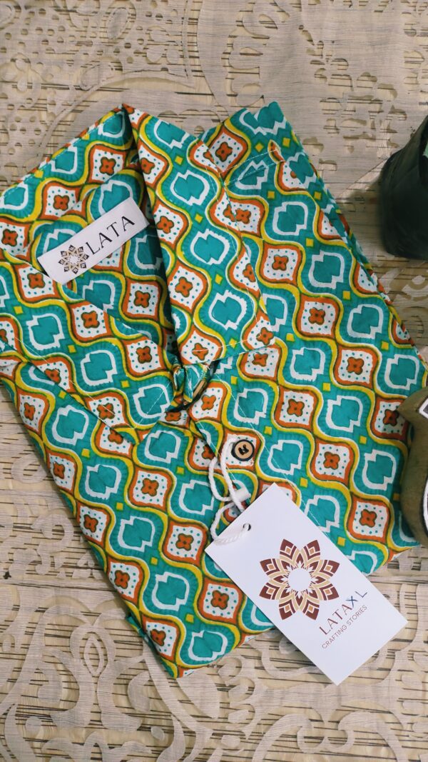 Teal Green Base With Red Yellow Hand-Print Cotton Shirt (4)