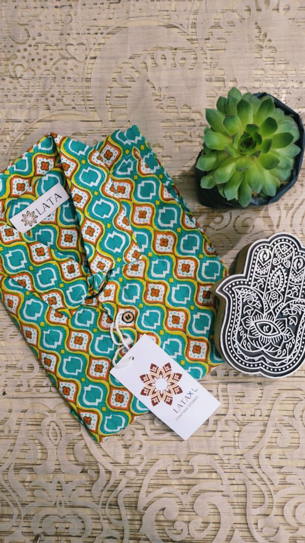 Teal Green Base With Red Yellow Hand-Print Cotton Shirt (5)
