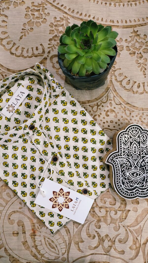 White And Yellow Floral Motif Handprinted Kurta