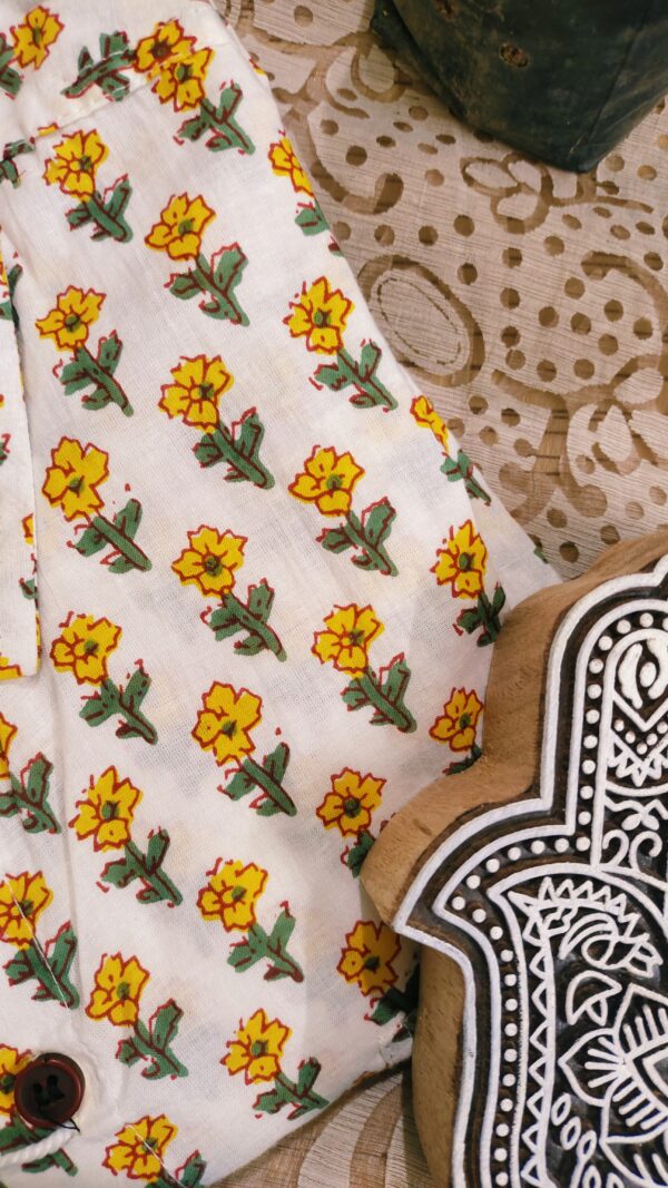 White And Yellow Flower Hand-Print Cotton Shirt (2)