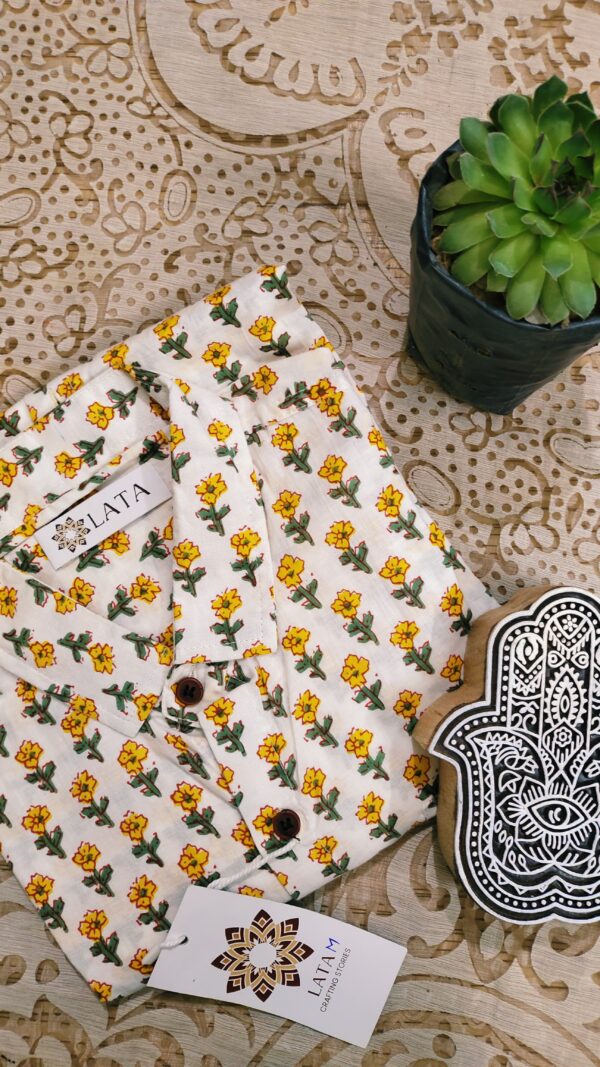 White And Yellow Flower Hand-Print Cotton Shirt (3)