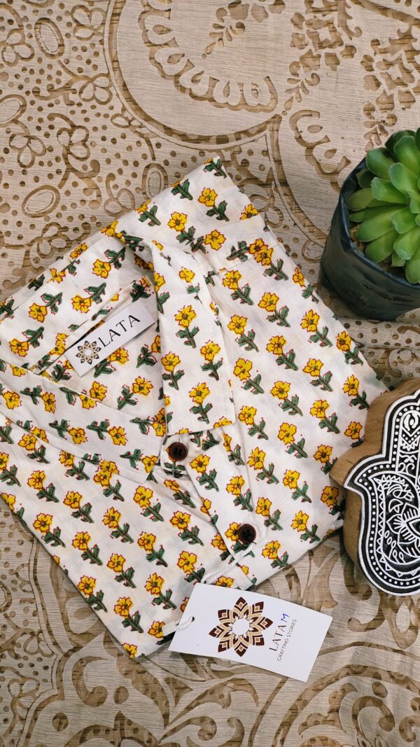 White And Yellow Flower Hand-Print Cotton Shirt (4)