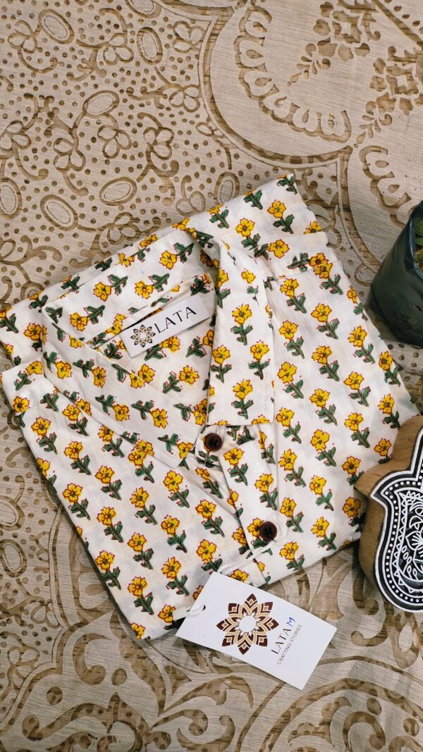 White And Yellow Flower Hand-Print Cotton Shirt (5)