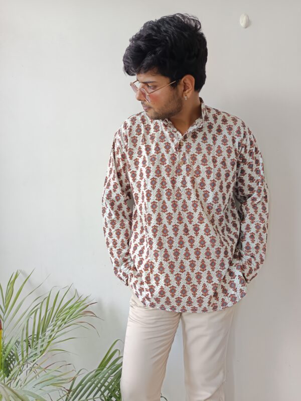 White On Grey Buti Short Kurta