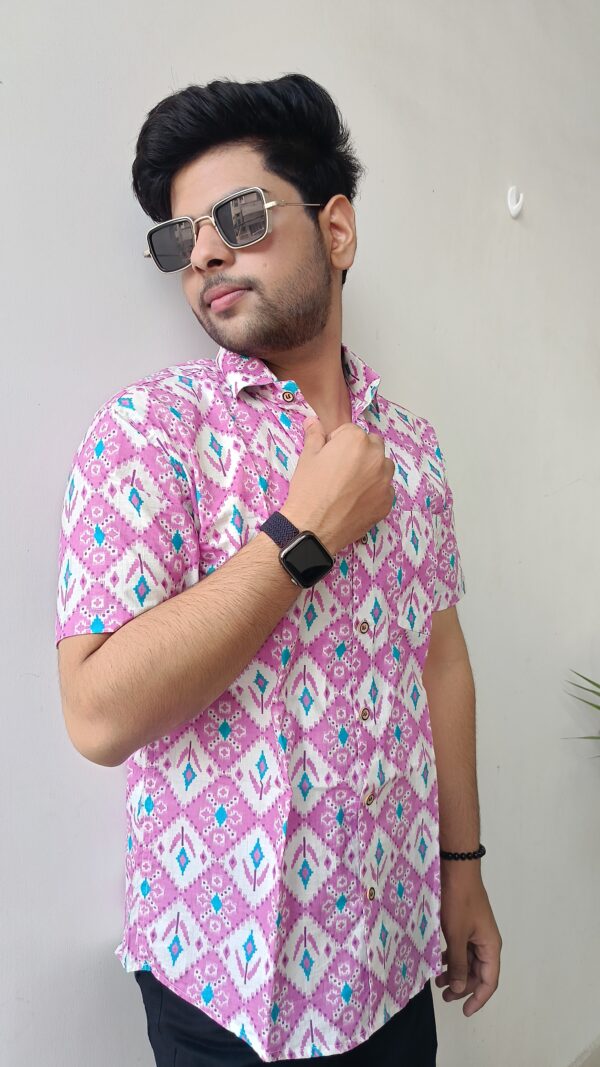 White and Pink Buti Print Cotton Shirt 1