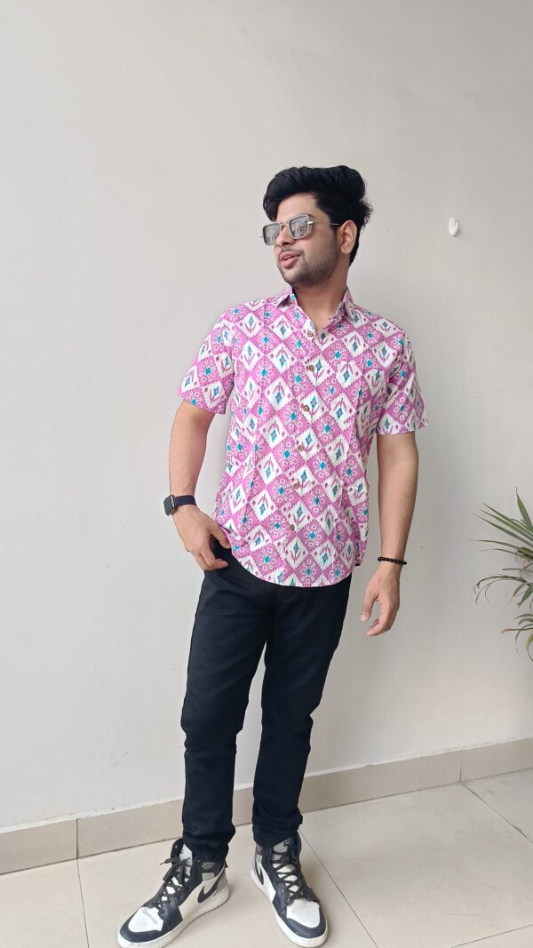 White and Pink Buti Print Cotton Shirt 3